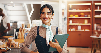Buy stock photo Tablet, smile and waitress with woman in cafe for inventory checklist, restaurant stock order and sales. Hospitality, store and menu planning with portrait of person in coffee shop with happy hostess