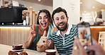 Photography, happy and couple in cafe on date with memory, bonding or social media post. Love, excited and man with woman in coffee shop for profile picture with breakfast in morning at restaurant.