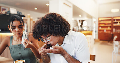 Buy stock photo Cafe, couple and coffee with muffin on date, breakfast or bonding together in healthy relationship. Restaurant, woman and man with dessert as sweet treats, eating or connection with pastry for people