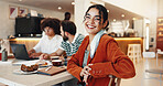 Portrait, meeting and woman with colleagues, cafe and smile for collaboration in store, tea and group. Happy, people and journalist with coworkers with beverage, confident and customer in coffee shop