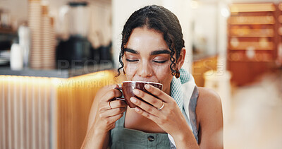 Buy stock photo Drinking, calm and woman with coffee in cafe for relax on weekend, break or morning in restaurant. Peace, happy and female person enjoying cup of warm caffeine, matcha or chai latte in diner.
