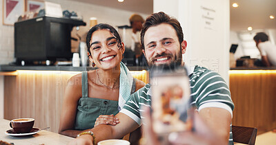 Buy stock photo Photography, breakfast and couple in cafe for date, bonding or eating together. Happy, restaurant and people with profile picture of morning meal in coffee shop for social media with relationship.