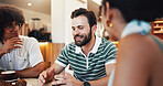 Talking, coffee and group of people in cafe for drinking, bonding or social gathering. Happy, latte and friends enjoying cappuccino in morning together for conversation and connection in restaurant