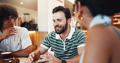 Buy stock photo Talking, coffee and group of people in cafe for drinking, bonding or social gathering. Happy, latte and friends enjoying cappuccino in morning together for conversation and connection in restaurant