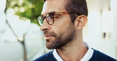 Buy stock photo Thinking, creative man and travel in city for career planning, reflection and ideas for job opportunity. Male person, thoughts and morning commute for urban problem solving, legal solution and memory