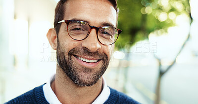 Buy stock photo Smile, corporate and man for portrait in city of career ambition, accounting job or morning commute. Male person,  glasses and pride with experience, urban travel and about us for finance opportunity
