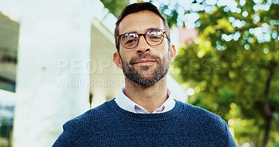 Buy stock photo Happy, corporate and man for portrait in city of career ambition, accounting job or morning commute. Male person, glasses and pride with experience, urban travel and about us for finance opportunity