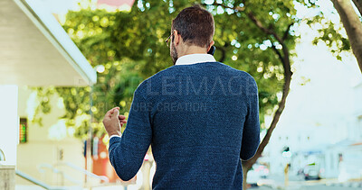 Buy stock photo Back, talking and businessman with phone call in city, negotiation and realtor with proposal to client. Urban, male person and real estate agent with mobile for discussion, sales opportunity and deal