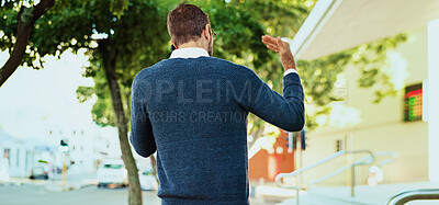 Buy stock photo City, back and businessman with phone call for talking, negotiation and realtor with proposal to client. Urban, male person and real estate agent with mobile for discussion, sales opportunity or deal