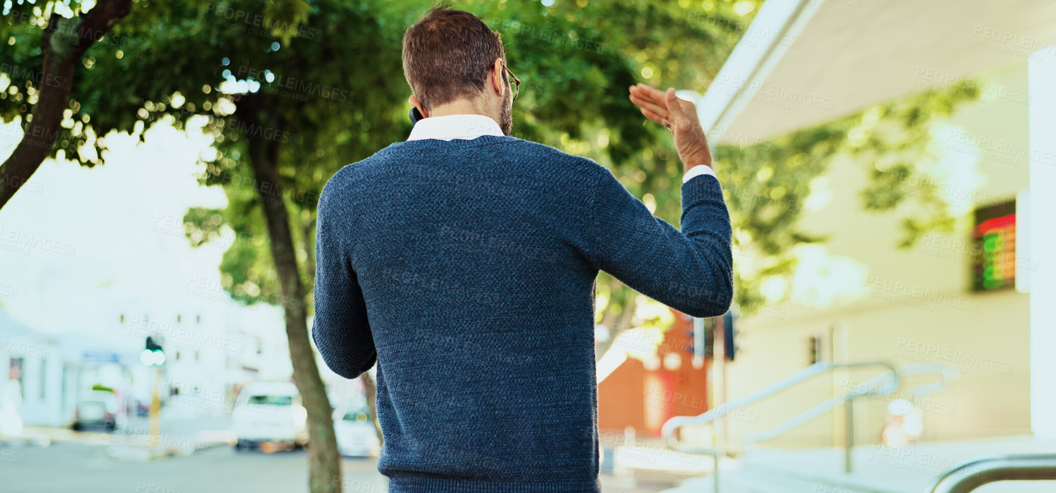 Buy stock photo City, back and businessman with phone call for talking, negotiation and realtor with proposal to client. Urban, male person and real estate agent with mobile for discussion, sales opportunity or deal
