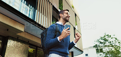 Buy stock photo Business, excited and man with smartphone, street and celebration with tech for opportunity, commute or smile. Outdoor, happy and person with mobile for work, travel and new job for employee victory