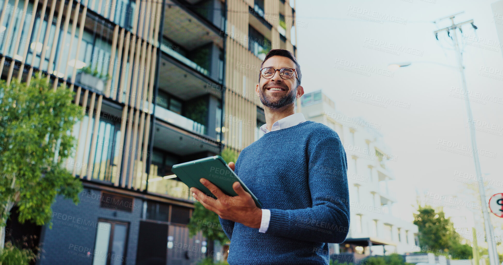 Buy stock photo City, businessman and thinking with tablet for research, realtor and project for property development. Below, real estate agent and inspiration with tech for online review, listing website and smile