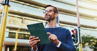 Buy stock photo Happy man, creative and browsing with tablet in city for industrial improvement, design or traffic control. Male person, civil engineer or pavement designer with smile on technology for road safety