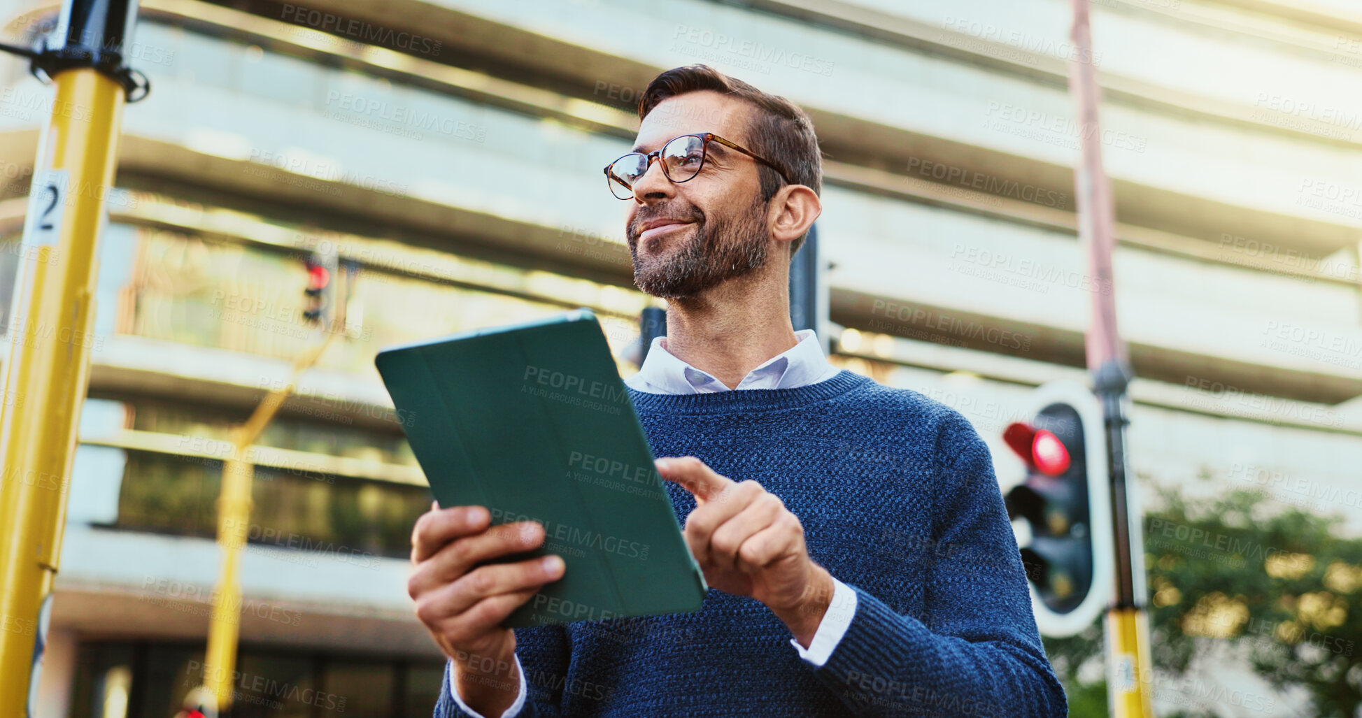 Buy stock photo Happy man, creative and browsing with tablet in city for industrial improvement, design or traffic control. Male person, civil engineer or pavement designer with smile on technology for road safety