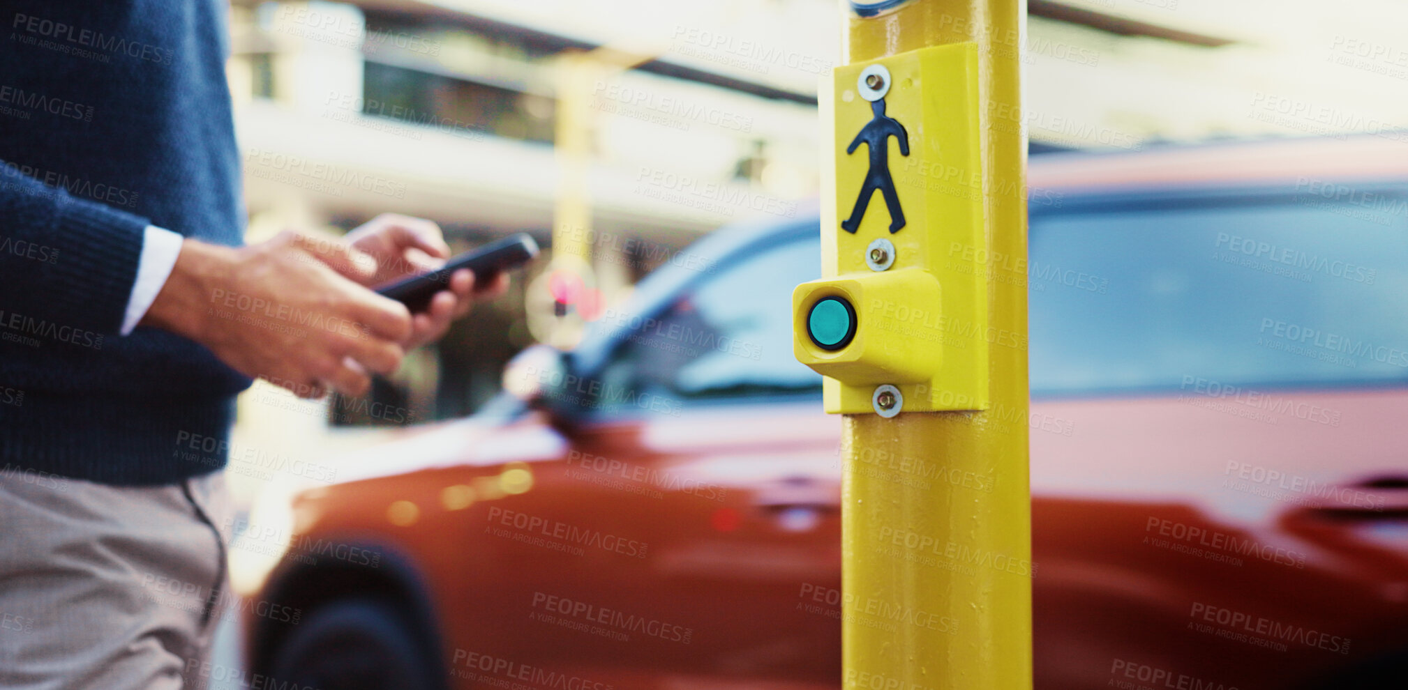 Buy stock photo Commuting, hands and person with smartphone, street and texting with tech for business, travel or online. Outdoor, closeup and employee with mobile for work, road and pedestrian button in morning