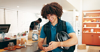 Buy stock photo Food delivery, service and phone with man in cafe for online order, ecommerce and courier checklist. Restaurant takeaway, hospitality and bakery checkout with person in coffee shop for pickup