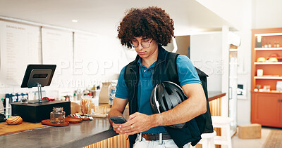 Buy stock photo Food delivery, reading and phone with man in cafe for online order, ecommerce and courier checklist. Restaurant takeaway, hospitality and bakery checkout with person in coffee shop for lunch parcel