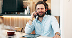 Cafe, businessman and thinking with phone call for communication, freelancer or finance consultant. Coffee shop, financial advisor and ideas with mobile for advice, listening or smile for remote work