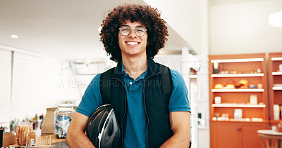 Buy stock photo Food delivery, service and portrait with man in cafe for online order, ecommerce and courier package. Restaurant takeaway, hospitality and bakery checkout with person in coffee shop for pickup