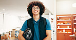 Food delivery, pickup and portrait with man in cafe for online order, ecommerce and courier package. Restaurant takeaway, hospitality and bakery checkout with person in coffee shop for lunch parcel