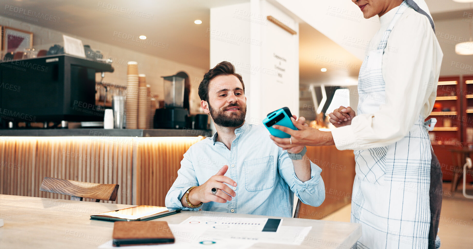Buy stock photo Businessman, customer and waiter with pos machine at cafe for payment, NFC transaction or banking. Freelance person, purchase and tablet with credit card for fintech, tap or coffee shop checkout