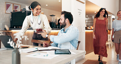 Buy stock photo Business people, tablet and cup in cafe for review, social media and retail management notes. Owner, discussion and laptop in coffee shop for sales report, restaurant profit or hospitality deal