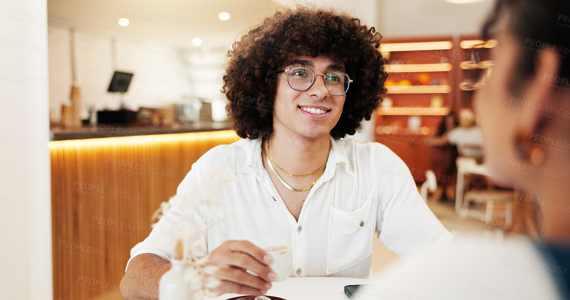 Buy stock photo Happy, conversation and couple in coffee shop on date for bonding, relationship and relax. Restaurant, cafe and man with woman with drink, beverage and latte for connection, talking and chatting
