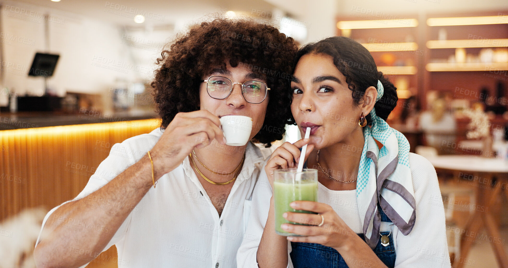 Buy stock photo Portrait, love and couple in cafe, date and bonding together with romance, relationship and care. Face, people and man with woman in restaurant, relax and fun with break, green smoothie and espresso