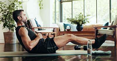 Buy stock photo Fitness, home and man with sit up for exercise, training and cardio workout on yoga mat. Morning routine, pilates and person for health, wellness and performance for core strength and challenge