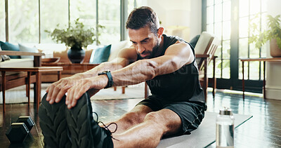 Buy stock photo Fitness, house and man stretching for legs workout on mat for muscle building in living room. Sports, training and male person with warm up exercise for flexibility with physical activity in morning.