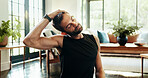 Stretching, fitness and man in home for exercise, training and warm up for workout. Morning routine, apartment and person for wellness, performance and active for balance, flexibility and mobility