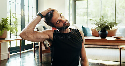 Buy stock photo Stretching, fitness and man in home for exercise, training and warm up for workout. Morning routine, apartment and person for wellness, performance and active for balance, flexibility and mobility