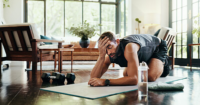 Buy stock photo Tired, fitness and man in home rest for exercise, training and warm up for workout. Morning routine, apartment and person for wellness, performance and active with burnout, exhausted and relaxing
