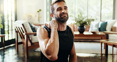 Buy stock photo Fitness, home and man with shoulder ache, injury or accident for intense workout with mistake. Sports, exercise ball and person with muscle sprain, discomfort or back pain for training error in house