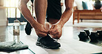 Hands, active man and tie shoes to start exercise, sports workout and ready for morning training. Male person, lace sneakers and preparing for weightlifting performance, wellness challenge and house