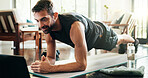 Plank, fitness and man in home, laptop and balance for core muscles in living room and stretching. Morning, training and person with tech for tutorial, watching and wellness with workout or posture