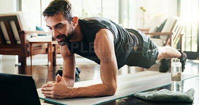 Buy stock photo Plank, fitness and man in home, laptop and balance for core muscles in living room and stretching. Morning, training and person with tech for tutorial, watching and wellness with workout or posture