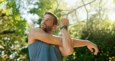Buy stock photo Athlete, man and stretching for fitness outdoor of cardio exercise, training and marathon. Active person, warm up muscles and sports workout, start practice and getting ready of listening to podcast
