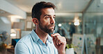 Business, thinking and man in office, choice or problem solving with pressure for project. Person, copywriting or employee in workplace, anxiety or confused with doubt for proposal or review feedback