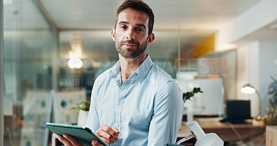 Buy stock photo Tablet, portrait and night with business man in office for planning, company consultant and performance analyst. Professional, client feedback and research with person in agency for project idea