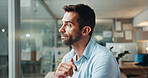 Business, thinking and man with window, choice and problem solving with planning. Reflection, copywriting and employee in workplace, decision and confused with doubt for proposal, ideas and pressure