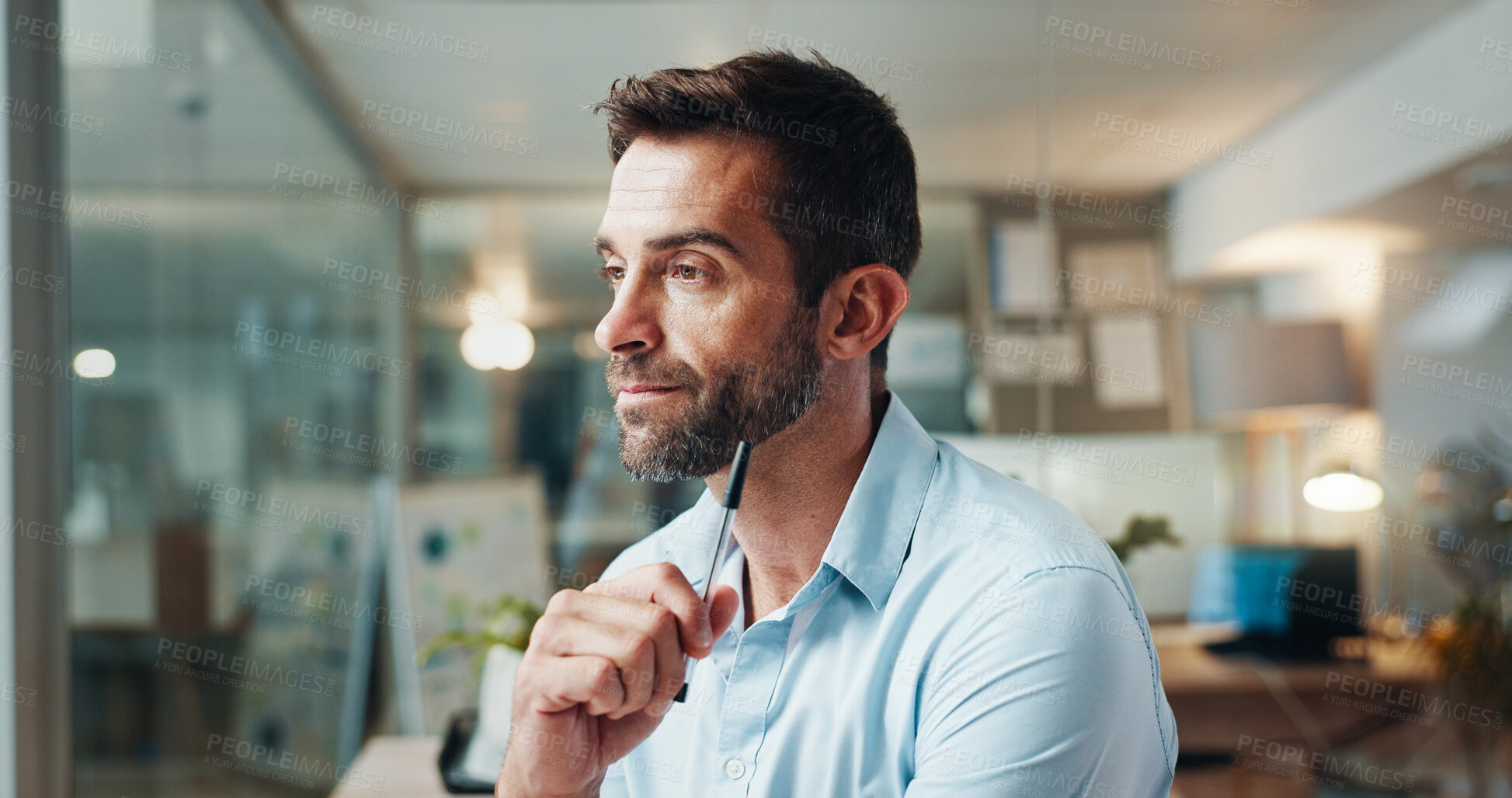 Buy stock photo Business, thinking and man in workplace, decision and problem solving with planning for project. Person, copywriting and journalist with review, deadline and solution with doubt for proposal or ideas