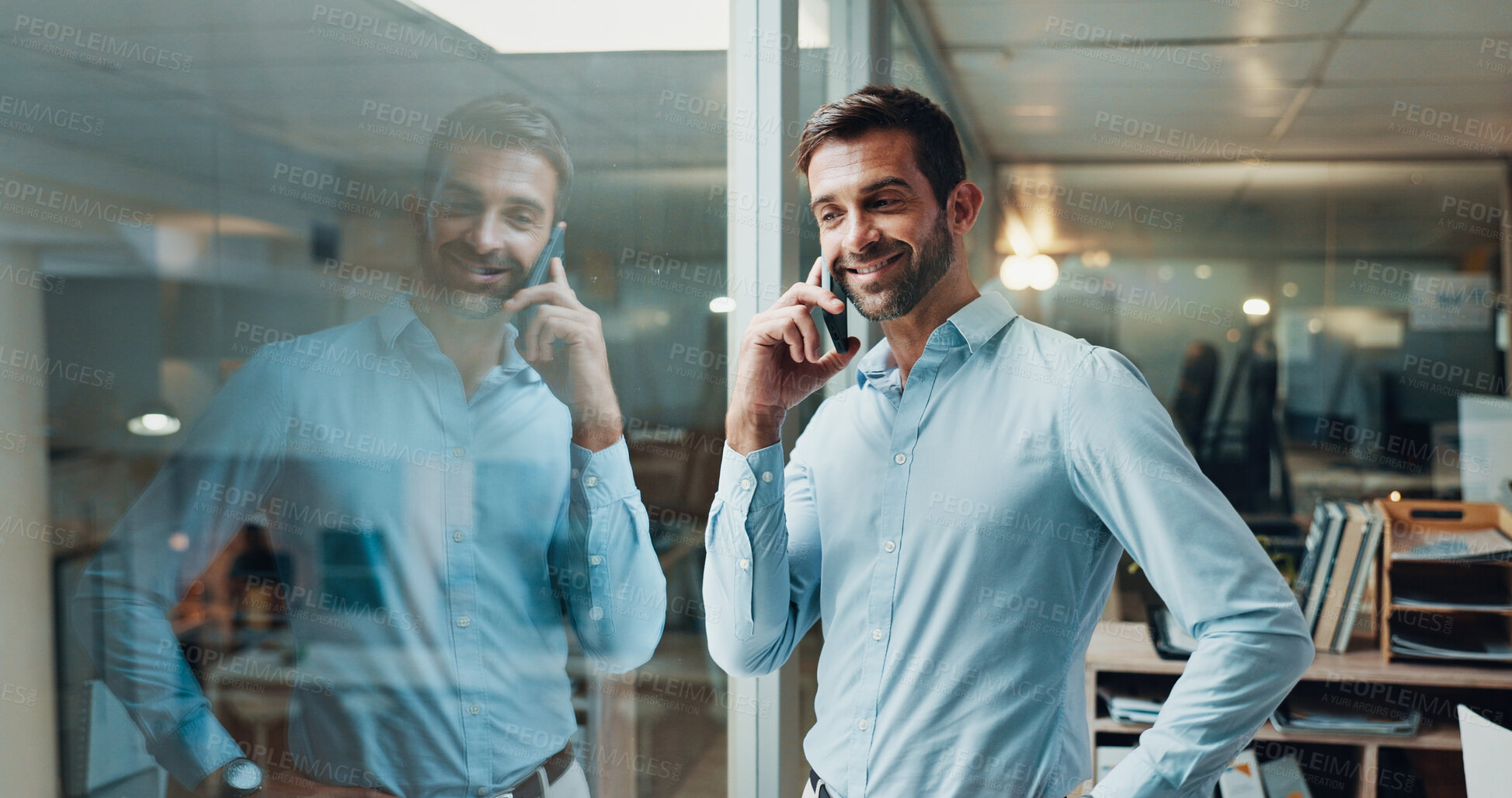 Buy stock photo Smile, businessman and thinking with phone call in office, finance advice and listening to client. Reflection, male person and financial advisor with mobile for networking, talking and offer at night