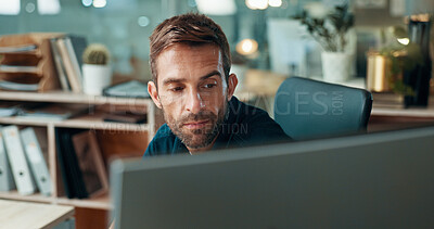 Buy stock photo Research, journalism or man on computer in office for editor feedback, news publication or article review. Business, night or journalist at media press agency for story check, editing or proofreading