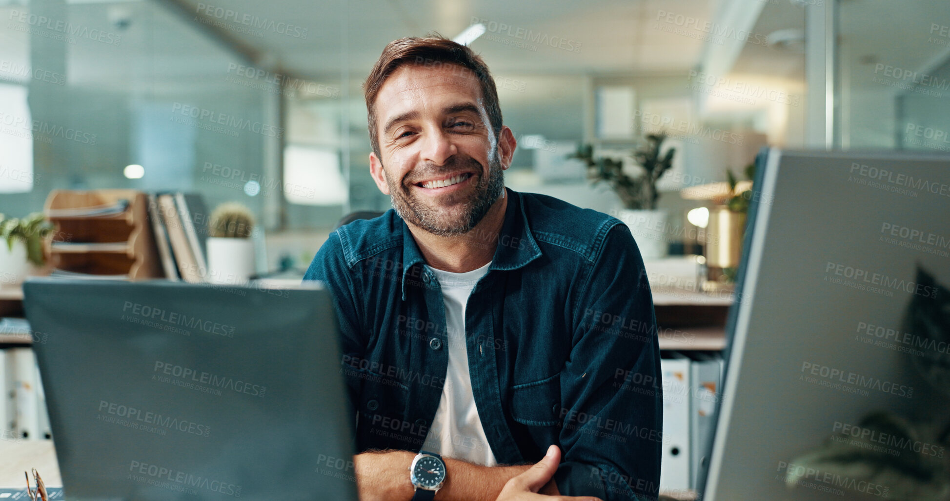Buy stock photo Businessman, journalist and portrait with laptop in office, research and news for publication. Career, happy person and content writer with smile for proofreading, editing story and blog web at night