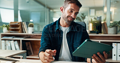 Buy stock photo Tablet, reading and smile with business man in office for planning, ui designer and app review. Developer solutions, client feedback and research with person in agency for project idea and startup