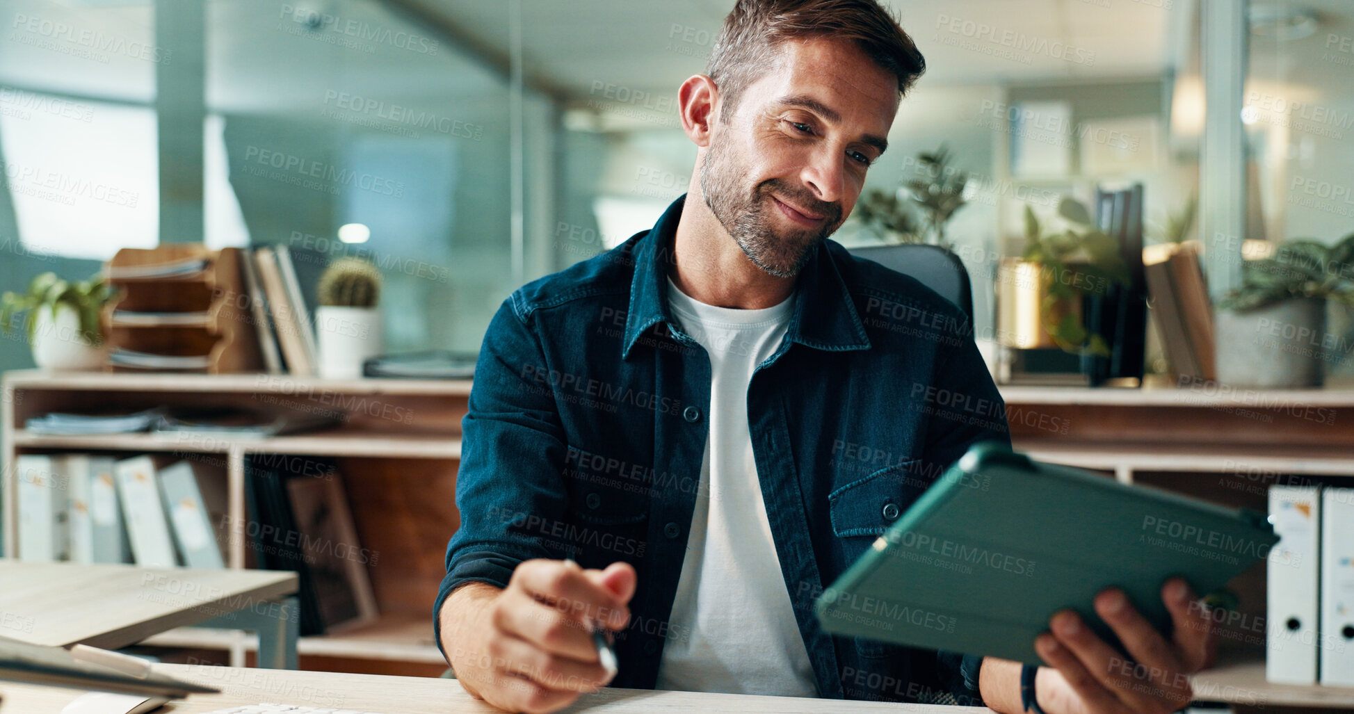 Buy stock photo Tablet, reading and smile with business man in office for planning, ui designer and app review. Developer solutions, client feedback and research with person in agency for project idea and startup