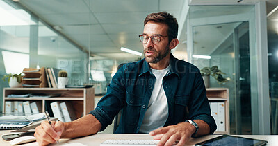 Buy stock photo Creative, man or journalist writing in office for editor feedback, news publication or article draft. Paper, night or journalism at media press agency for story check, editing plan or proofreading