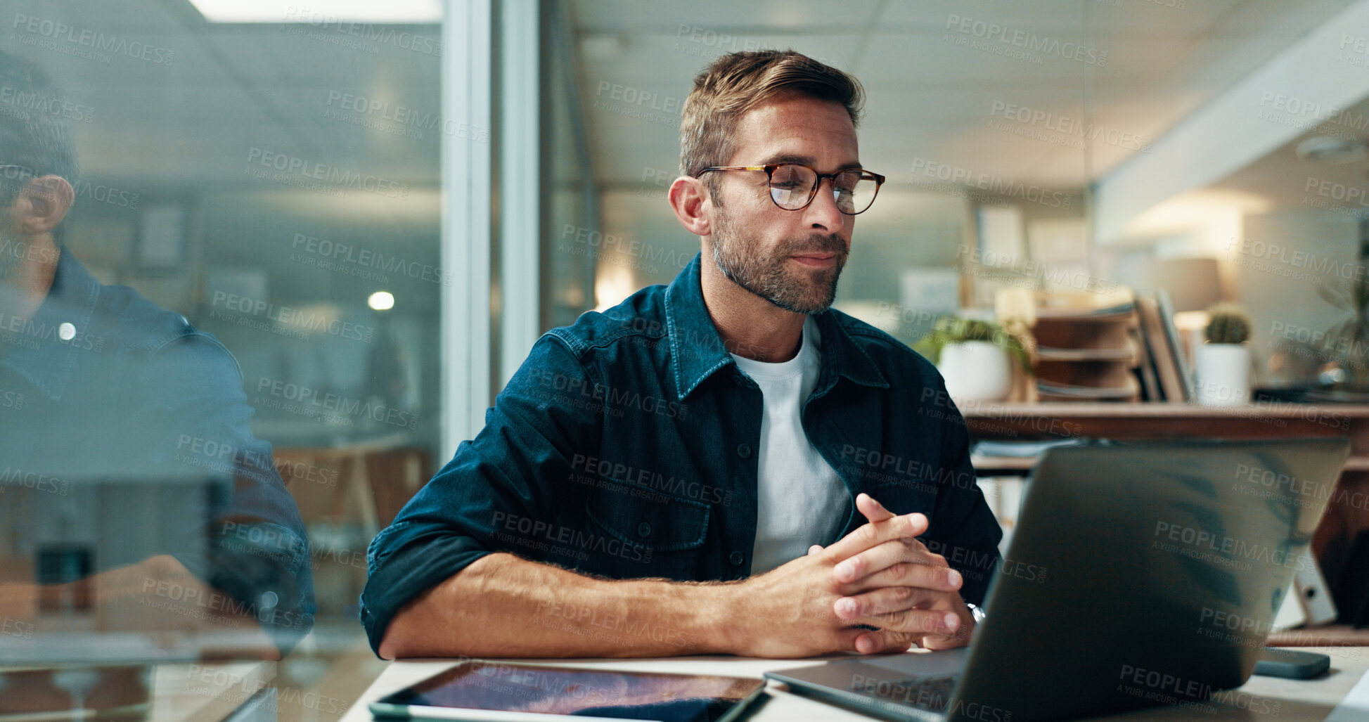 Buy stock photo Businessman, journalist and research with laptop in office, information and news for publication. Deadline, male person and content writer with glasses for proofreading, editing story or digital blog
