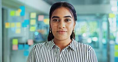 Buy stock photo Business woman, portrait and glass wall in office for planning, problem solving and moodboard at startup. Person, pride and confidence by board, window and career at creative agency in Colombia